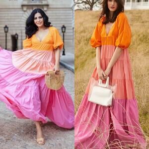 Staud Meadow Color Block Maxi Dress Puff Sleeves Pink Orange Size XS V-Neck